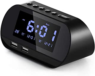Aitsite Radio Despertador- FM Digital Radio Reloj Despertadores con Doble Puerto de Carga USB- Alarma doble con 5 Sonidos de Alarma- 10 Mins Snooze- 6 Brillos- Termometro- 12-24 H- Bateria de respaldo