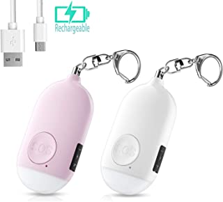Alarma Personal- 130 db USB Recargable Auto Defensa Alarma Llavero con Linterna LED de Emergencia – Auto Defensa Sonido Seguro para ninos y Ancianos 2 Pack (Blanco y Rosa)