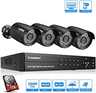 FLOUREON DVR Video Kit de vigilancia (8CH 1080N AHD DVR + 4 x1080P 3000TVL 2.0MP camara exterior+disco duro de 1TB HDD)- copia de seguridad USB- alarma por correo electronico- sistema de seguridad 