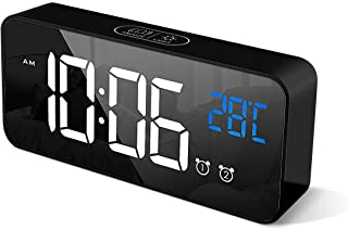 HOMVILLA Reloj Despertador Digital con Pantalla LED de Temperatura- Alarma de Espejo Portatil con Alarma Doble Tiempo de Repeticion 4 Niveles de Brillo Regulable Dimmer 13 Musica Luz Despertadors USB