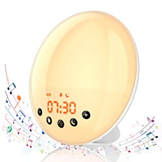 Hosome Wake Up Light Despertador con Luz Simulacion de Amanecer-Atardecer- Despertador Digital con Alarma Funcion de Snooze y Radio FM- 8 Sonidos Naturales y 1 Grabacion- 7 Colores Lampara Ambiental