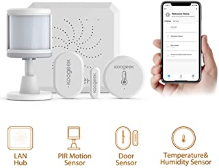 Koogeek Sistema de Seguridad Hogar- Sensor de Puerta Wifi- Kit de Alarma Zigbee- Alexa-Google Assistant-4 piezas Incluye Hub-Sensor de Puerta-PIR Movimiento-Temperatura y Humedad- IOS y Andriod