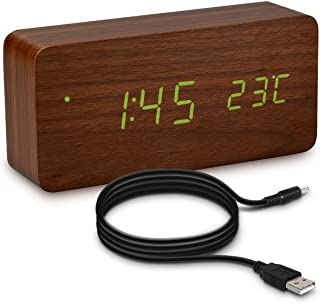 kwmobile Reloj Despertador Digital con Cable USB - Pantalla LED y activacion tactil - Indicador de Temperatura y Calendario en Madera y LED Verde
