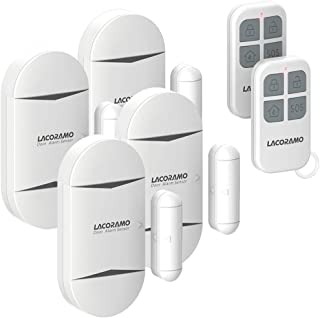 LACORAMO 130db Sensor de alarma para puertas y ventanas con 2 controles remotos- 2 baterias- campana de apertura de contacto magnetico inalambrico para ninos- hogar- refrigerador- tienda (4 paquetes)