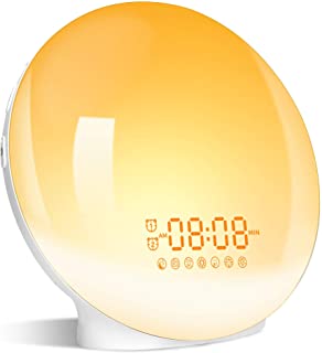Luz despertador- Wake Up Light LED Despertador Simulacion de Amanecer y Atardece- 2 Alarmas- Funcion Snooze- 20 Brillo- 8 Sonidos- Radio FM- Reloj Despertador Luz de noche Con 1 USB- Adaptador- Cable