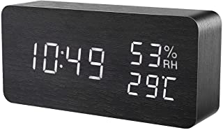 ORIA Reloj Digital Despertador de Madera- Digital Alarma Despertador con Tiempo Fecha y Ano- Temperatura Humedad- 3 Grupos de Hora de Alarma- Control de Sonido y LED Brillo de Pantalla de 3 Niveles