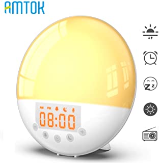 Wake Up Light Alarm Clock - Smart Sunrise Sunset Simulation Reloj digital LED con radio FM- 8 tonos de alarma- funcion de repeticion- brillo 30- lampara de noche de 7 colores