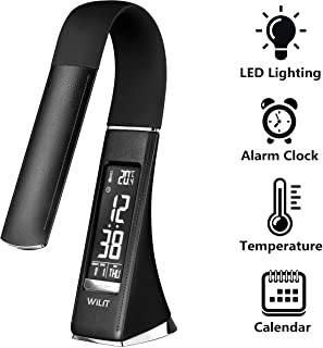 WILIT U2 LED Lampara de Escritorio de Negocios- Lampara de Mesa con pantalla regulable- Reloj Despertador- Calendario- Indicador de Temperatura- 5W- Negro